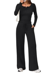 Damen Zweiteiliges Feinstrick-Lounge-Set mit Henley-Top und Palazzo-Hose Nord Taschen – Schwarz