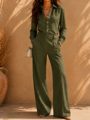 Damen Zweiteiliges Business-Hosenanzug-Set mit Hemdbluse und weiter Bundfaltenhose Nord Taschen – Armeegrün