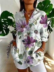 Damen Geblümte Bluse Mit Knopfleiste – Lila Blumen