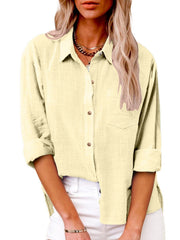 Damen nan oversized Leinen-Baumwollmix Hemdbluse mit Brusttasche und krempelbaren Ärmeln Drune – Beige