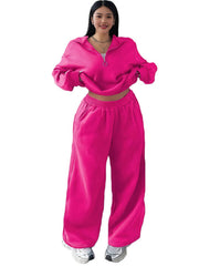 Damen Cropped Oversize-Sweatshirt mit halbem Reißverschluss und weite High-Waist Jogginghose Set Nord Taschen – Fuchsia – Versand am selben Tag