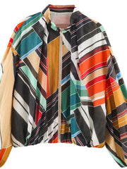 Damen Gestreifte Cropped Blousonjacke mit Stehkragen, Reißverschluss und Ballonärmeln Nord Taschen – Buntes Printmuster