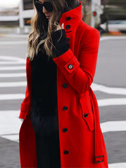 Damen Langschnittiger Trenchcoat mit überhöhtem Stehkragen, Knopfblende und Taillengürteloptik Nord Taschen – Rot