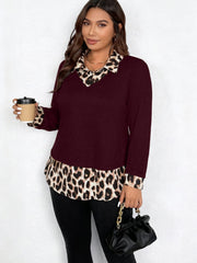 Damen Lagenlook-Pullover mit V-Ausschnitt und Leoprint-Blusen-Einsatz Nord Taschen – Bordeauxrot - Versand am selben Tag
