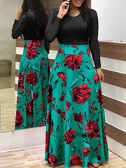 Damen Zweiteilig wirkendes Maxikleid mit figurbetontem Jersey-Oberteil und weitem Blumenrock Nord Taschen – Grün-Schwarz Langarm 8888A