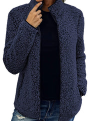 Damen kuschelige Teddy-Fleecejacke mit Stehkragen und Reißverschluss Nord Taschen – Marineblau