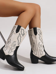 Damen nan Cowboystiefel im Westernstil mit mittelhohem Blockabsatz spitzer Zehenkappe und dekorativer Stickerei Drune – Schwarz