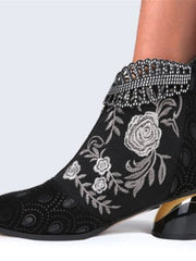 Damen nan bestickte Ankle-Boots mit Samteinsatz Perlenbesatz und skulptiertem Blockabsatz Drune – Schwarz