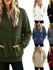 Damen gerippter Henley-Pullover mit Stehkragen und Kängurutasche Nord Taschen – Gewicht S: 350 g – XXL: 410 g