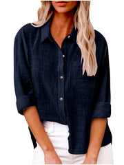 Damen nan oversized Leinen-Baumwollmix Hemdbluse mit Brusttasche und krempelbaren Ärmeln Drune – Dunkelblau