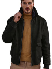 Herren Kurze Bomberjacke mit Teddykragen, Cargo-Pattentaschen und Reißverschluss Nord Taschen – Schwarz
