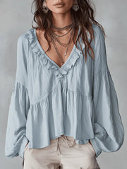 Damen Fließendes Oberteil Mit Raffungen Und V-Ausschnitt – Locker Elegante Bluse – Himmelblau