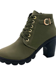Damen nan elegante Schnür-Stiefelette mit mittlerem Blockabsatz, profilierter Gummilaufsohle und dekorativer Metallschnalle Drune – Grün