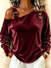 Damen Samt-Sweatshirt mit asymmetrischem Carmen-Ausschnitt und Zierschnalle Nord Taschen – Weinrot