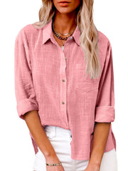 Damen nan oversized Leinen-Baumwollmix Hemdbluse mit Brusttasche und krempelbaren Ärmeln Drune – Pink
