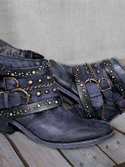 Damen Western Stiefeletten mit Schnallenriemen und Ketten – Blau