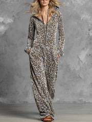 Damen Bequemer Reißverschluss Jumpsuit – Lang Mit Taschen – Leopardenmuster