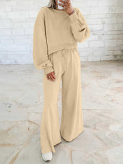 Damen Kurzpullover- und Palazzohose Lounge-Set mit Ballonärmeln Nord Taschen – Apricot