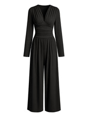 Damen Eleganter V‑Ausschnitt Jumpsuit mit tailliertem Wickelbund und weitem Hosenbein Nord Taschen – Schwarz