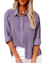 Damen nan oversized Leinen-Baumwollmix Hemdbluse mit Brusttasche und krempelbaren Ärmeln Drune – Dunkelviolett
