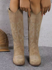 Damen nan Kniestiefel im Westernstil mit mittelhohem Blockabsatz seitlichem Reißverschluss und gesticktem Wildlederfinish Drune – Khaki