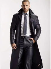 Herren Langer Ledermantel im Trench-Stil mit schmaler Silhouette und Stehkragen Nord Taschen – Schwarz