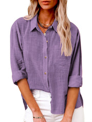 Damen nan oversized Leinen-Baumwollmix Hemdbluse mit Brusttasche und krempelbaren Ärmeln Drune – Violett