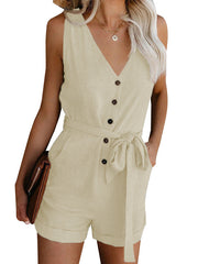 Damen Ärmelloser Knopf Playsuit – Sommer Jumpsuit Mit Gürtel – Aprikose