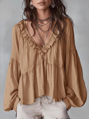 Damen Fließendes Oberteil Mit Raffungen Und V-Ausschnitt – Locker Elegante Bluse – Hellbraun