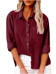 Damen nan oversized Leinen-Baumwollmix Hemdbluse mit Brusttasche und krempelbaren Ärmeln Drune – Weinrot