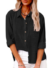 Damen nan oversized Leinen-Baumwollmix Hemdbluse mit Brusttasche und krempelbaren Ärmeln Drune – Schwarz
