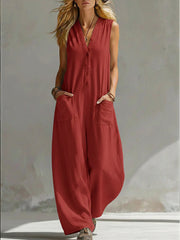 Damen Ärmelloser V-Ausschnitt Jumpsuit – Weites Bein Mit Taschen – Rot