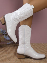 Damen nan Cowboystiefel mit mittelhohem Blockabsatz und seitlichem Reißverschluss Drune – Weiß