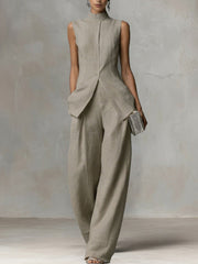 Damen Ärmelloser Leinen-Jumpsuit mit Stehkragen und weitem Bein Nord Taschen – Grau