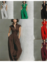 Damen Jumpsuit mit weitem Bein, tailliertem Wickelbund und Stehkragen Nord Taschen – XXL: 450 g