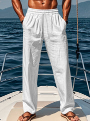 Herren nan maritime Freizeit-Leinenhose mit weitem Bein elastischem Tunnelzug und Bundfalten Drune – Weiß