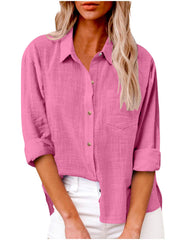 Damen nan oversized Leinen-Baumwollmix Hemdbluse mit Brusttasche und krempelbaren Ärmeln Drune – Fuchsia