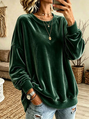 Damen Oversize-Samtpullover mit weitem Schnitt und geripptem Saum Nord Taschen – Dunkelgrün