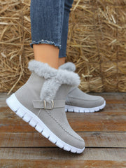 Damen nan gefütterte Kurzstiefel mit Kunstfellbesatz, Velourslederoptik, seitlichem Reißverschluss, dekorativer Metallschnalle und profilierter Lightweight-Sohle Drune – Grau
