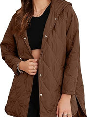 Damen gesteppte Kapuzenjacke mit Druckknopfleiste, seitlichen Schlitzen und mittlerer Länge Nord Taschen – Braun