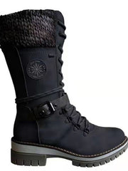Damen nan hoher Schnürstiefel mit Strickbündchen, robuster Profilsohle und seitlichem Reißverschluss Drune – Schwarz