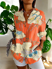 Damen Geblümte Bluse Mit Knopfleiste – Orange