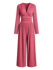 Damen Eleganter V‑Ausschnitt Jumpsuit mit tailliertem Wickelbund und weitem Hosenbein Nord Taschen – Fuchsia
