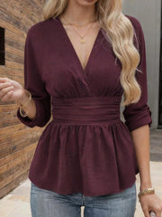 Damen Elegantes V-Ausschnitt Langarm Wickeloberteil – Schmale Passform Bluse – Malve