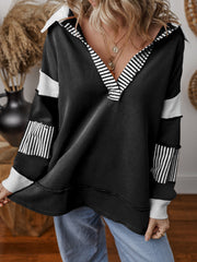 Damen Oversized V-Ausschnitt Gestreifter Sweatshirt – Schwarz