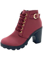 Damen nan elegante Schnür-Stiefelette mit mittlerem Blockabsatz, profilierter Gummilaufsohle und dekorativer Metallschnalle Drune – Weinrot