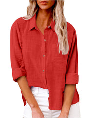 Damen nan oversized Leinen-Baumwollmix Hemdbluse mit Brusttasche und krempelbaren Ärmeln Drune – Rot