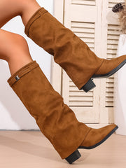 Damen nan knielange Slouch-Stiefel mit spitzer Zehenpartie und niedrigem Blockabsatz Drune – Braun