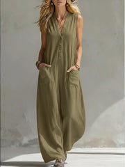 Damen Ärmelloser V-Ausschnitt Jumpsuit – Weites Bein Mit Taschen – Olivgrün
