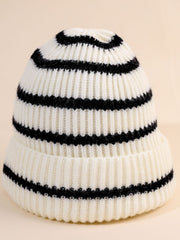 Damen Beanie-Mütze gestreift mit weichem Innenfutter – Weiß